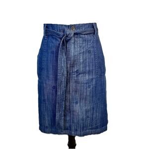 Talbots Skirt size 10 Denim Jean Floral Embroidery Straight Knee Tie Belt Casual